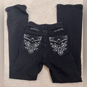 Miss Me high rise black denim XS flared jeans w/ pattern design in back